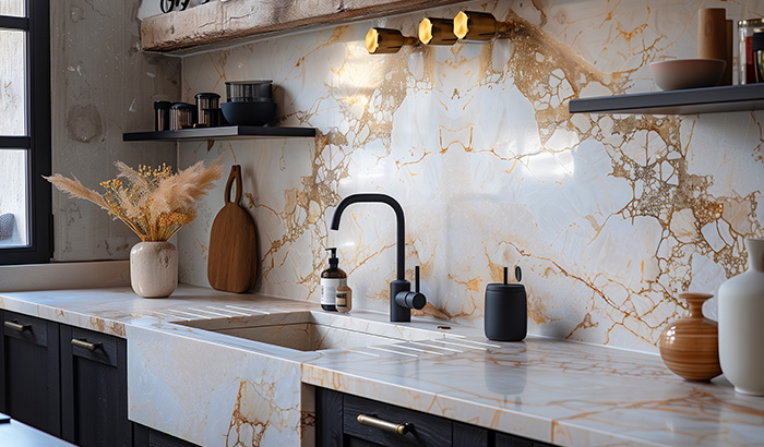 Countertops in a kitchen made of quartz material.