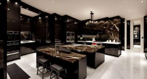 Spacious kitchen with marble counters and black cabinets